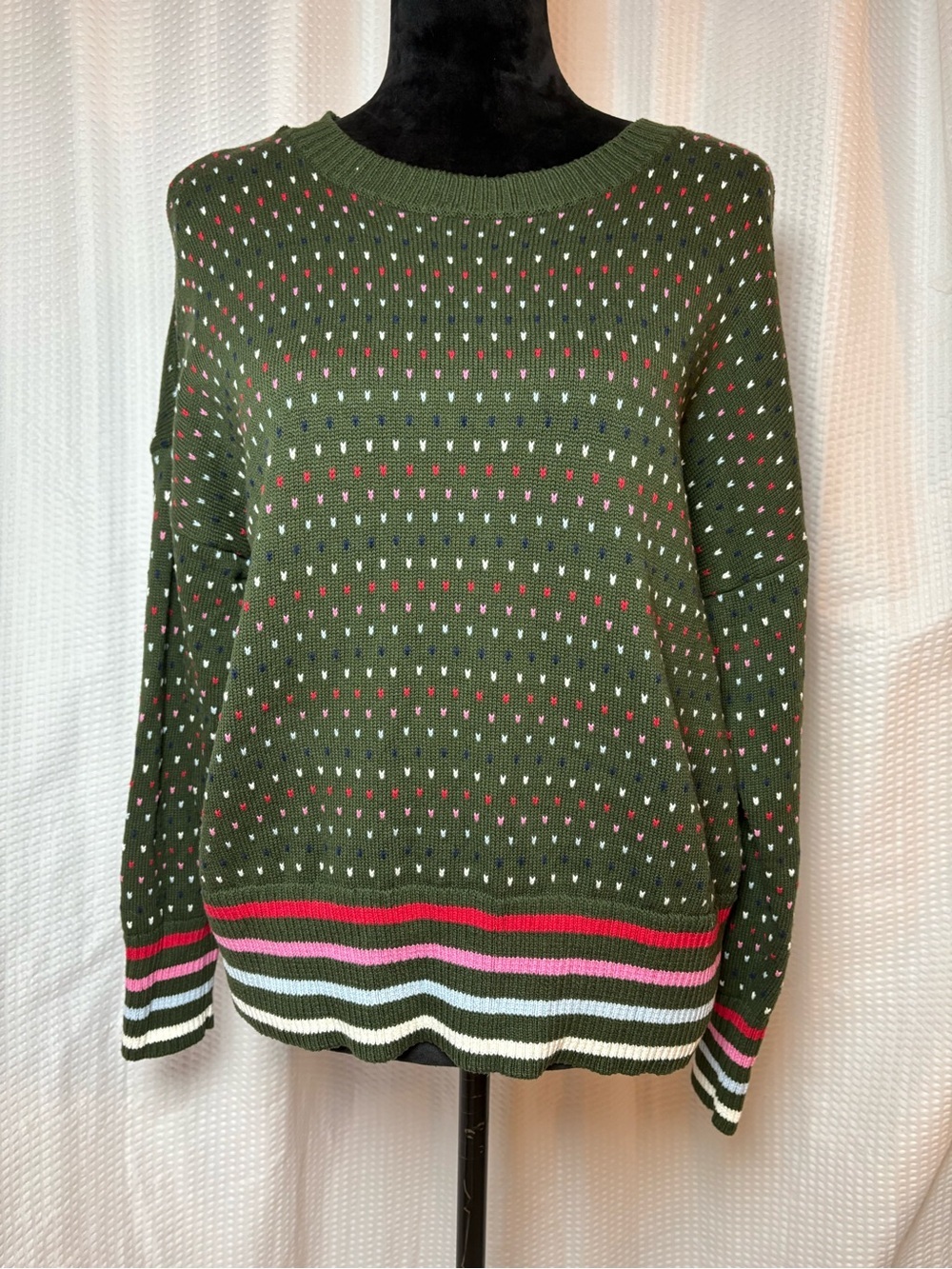 Lands’ End Drifter Olive Green Print Pullover Sweater 100% Cotton Size L